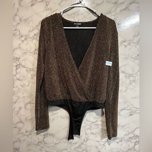 Steve Madden womens gold glitter faux wrap bodysuit Size M long sleeve - Picture 2 of 10